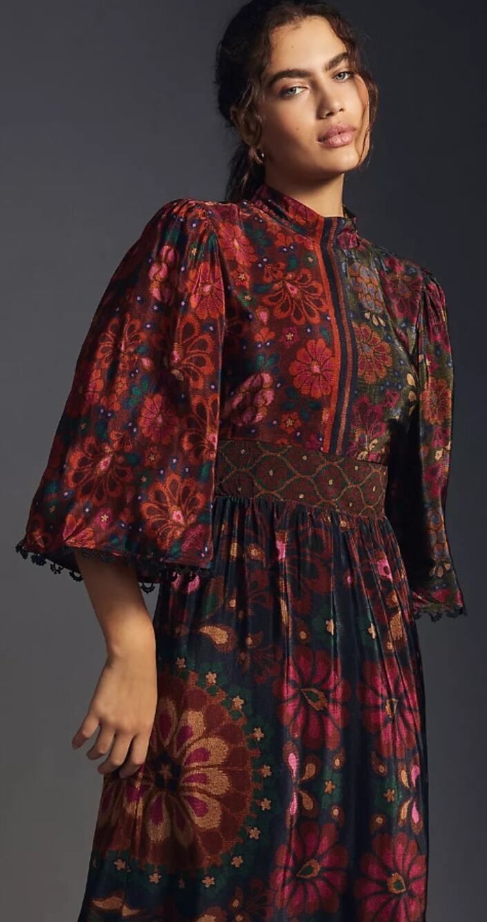 Farm Rio x Anthropologie Mock Neck Maxi Dress Small Flowy Boho Vintage Inspired